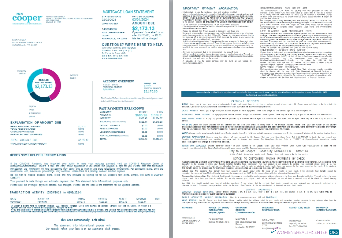 USA Mr. Cooper Changing the Face of Home Loans mortgage loan statement, 4 pages 1 2 scr